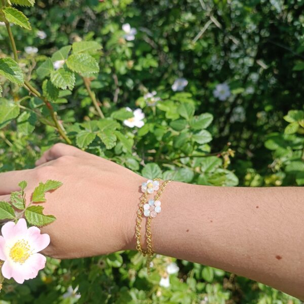 Bracelet fleur Morganite et Aigue-Marine, Ambre - les créations- Bijoux fins haute fantaisie plaqué or et pierres naturelles