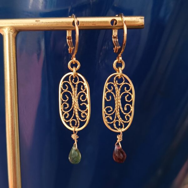 Boucles d'oreilles en filigrane et Tourmaline, Ambre - les créations -